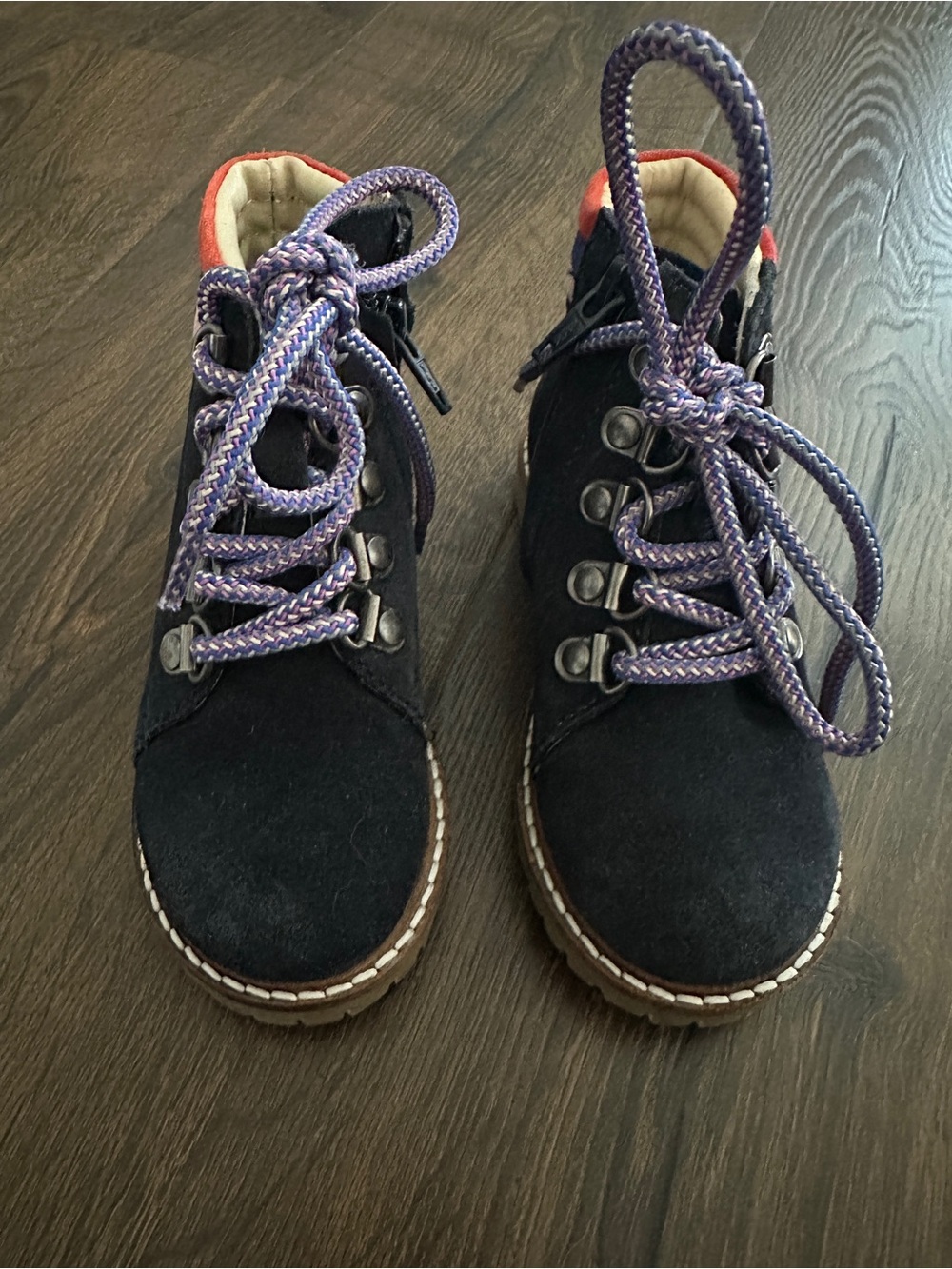 Toddler Black Suede Lace-Up Ankle Boots with Purple Laces